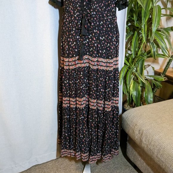 Free People Black with Red and Pink Delicate Floral Patterned Maxi Dress - Picture 9 of 15